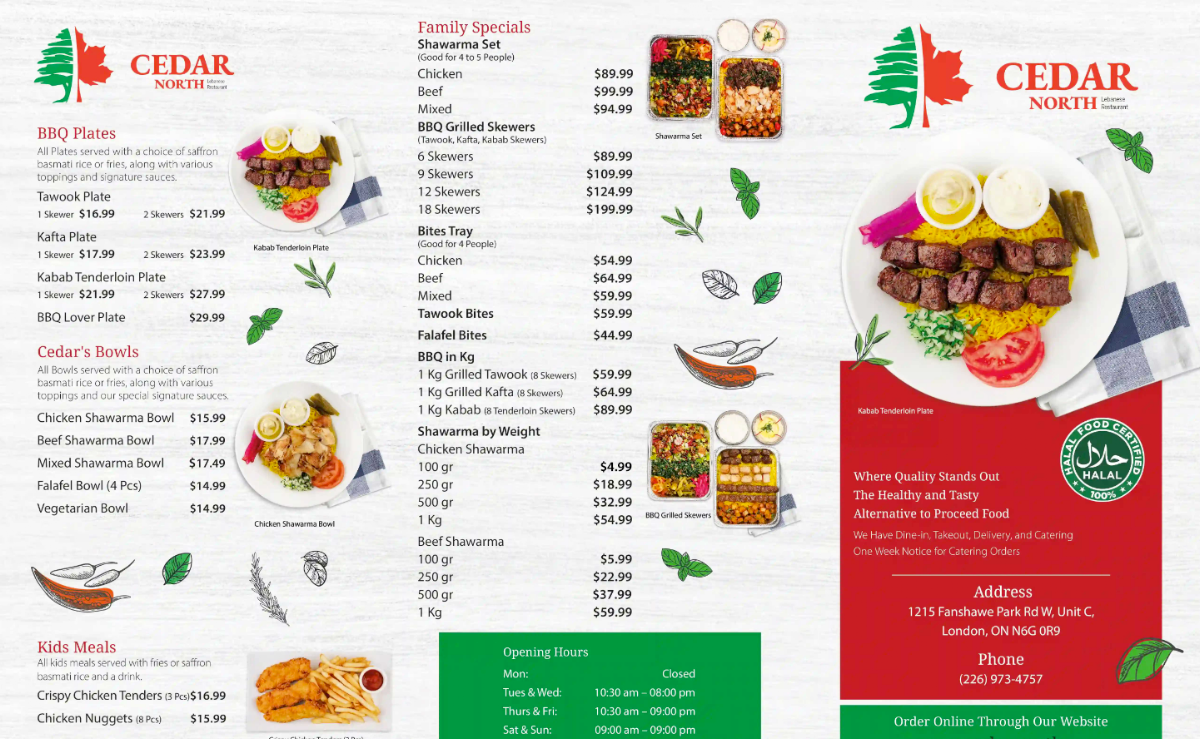 Menu, Cedar North Restaurant (Lebanese Cuisine)