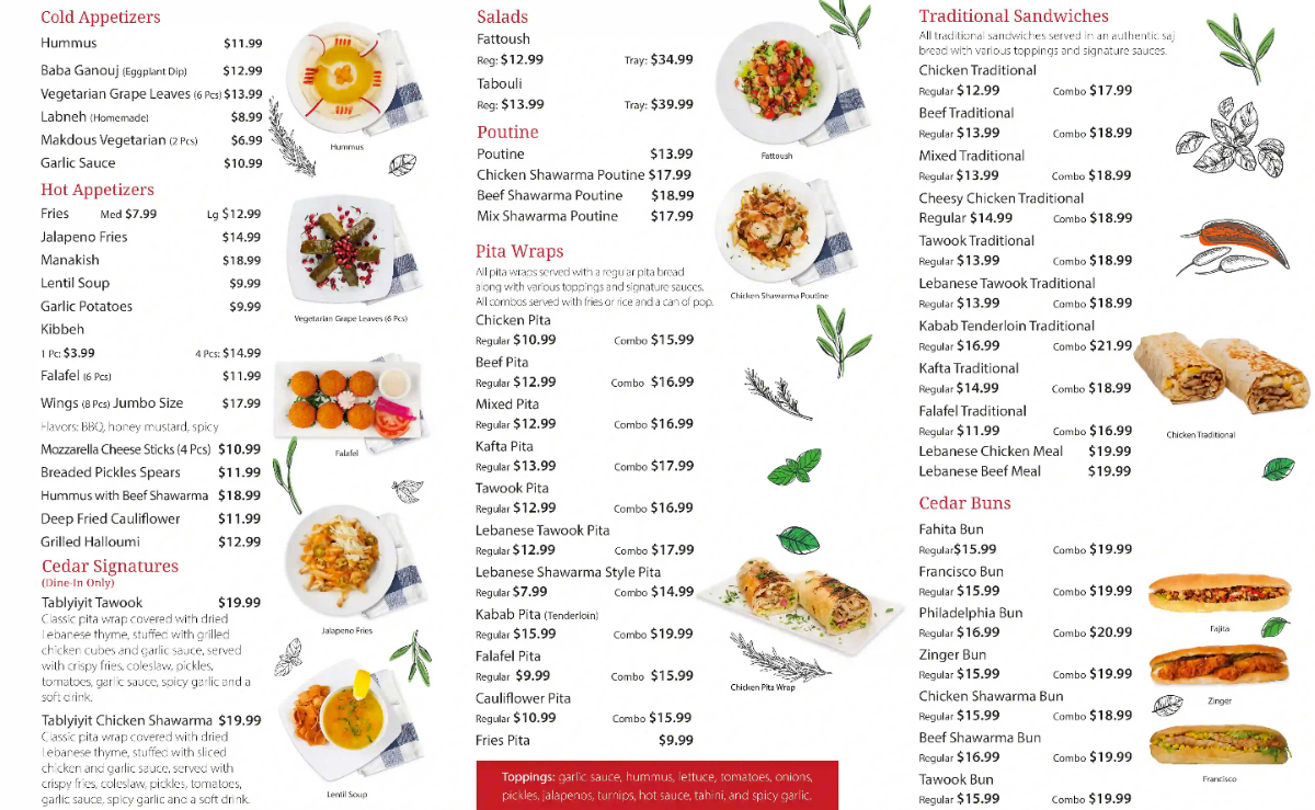 Menu, Cedar North Restaurant (Lebanese Cuisine)