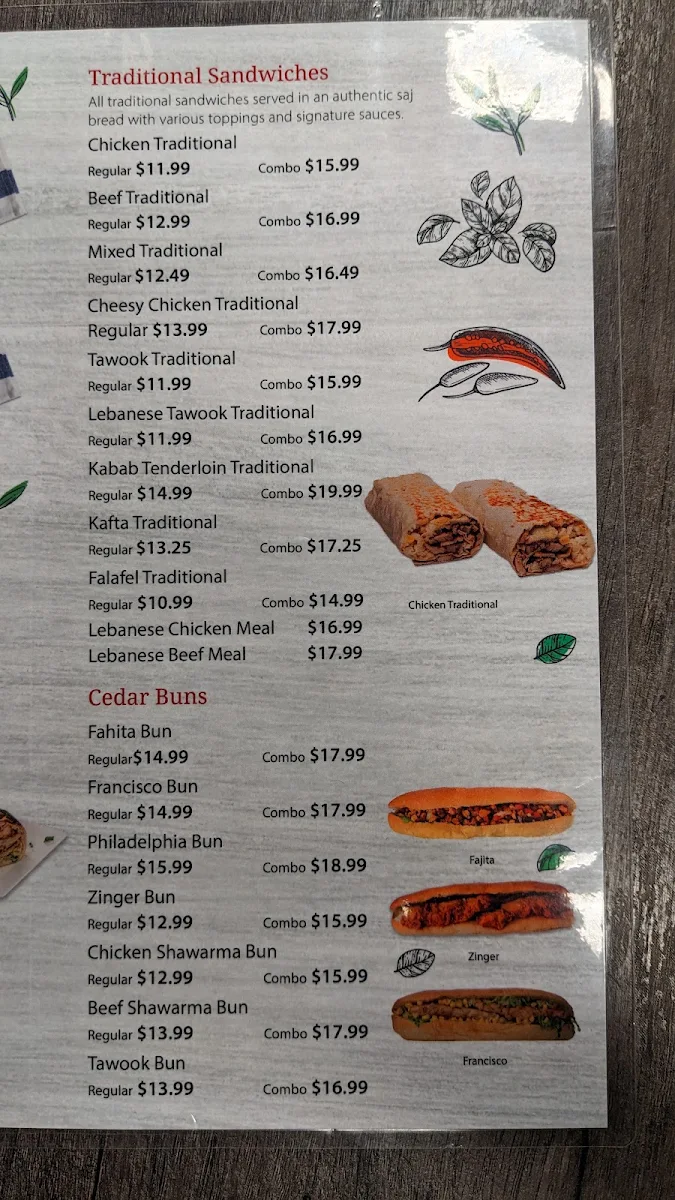 Menu, Cedar North Restaurant (Lebanese Cuisine)
