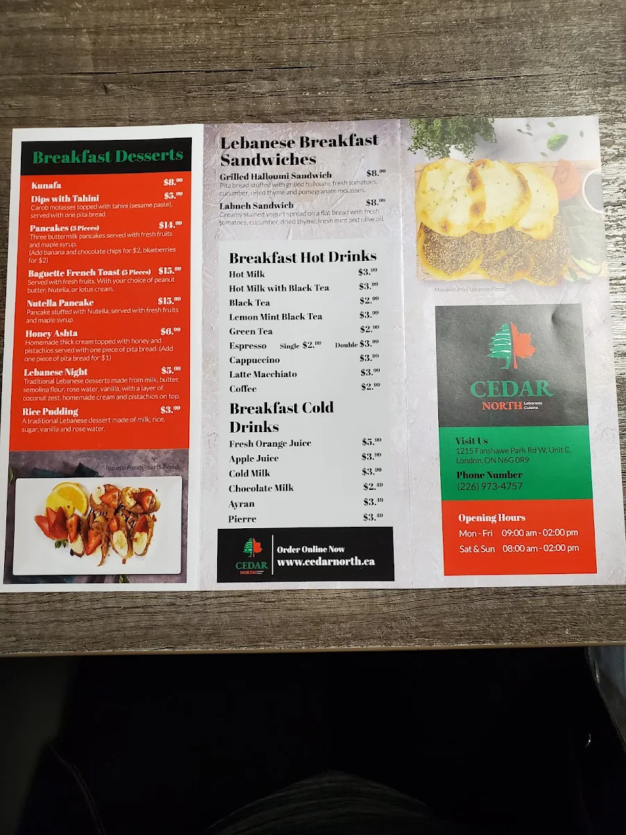 Menu, Cedar North Restaurant (Lebanese Cuisine)