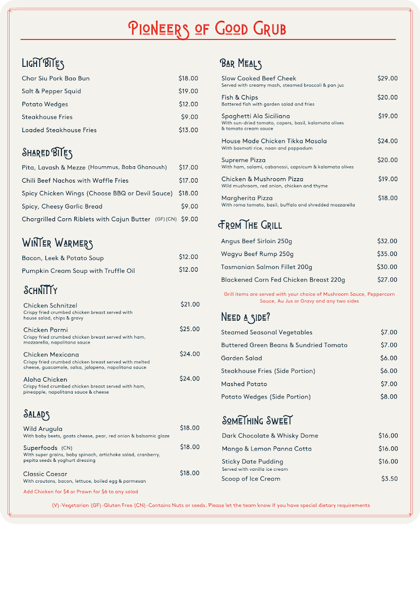 Menu, Biggles Bar & Grill