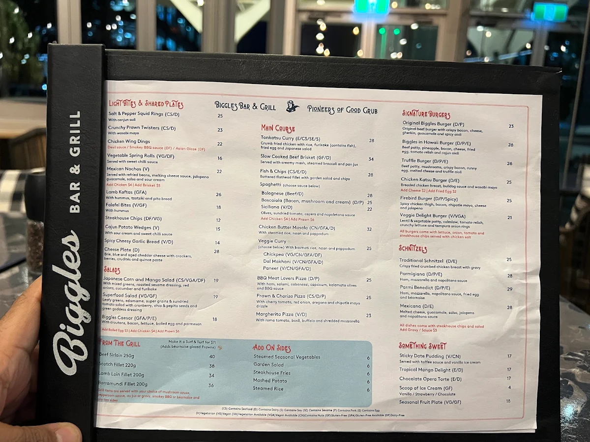 Menu, Biggles Bar & Grill