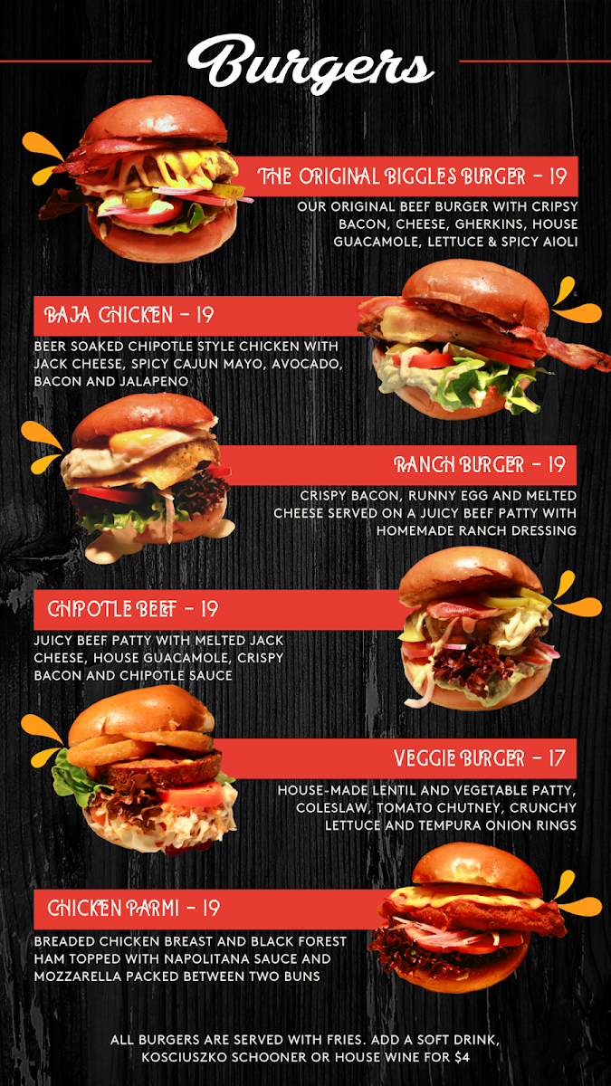 Menu, Biggles Bar & Grill