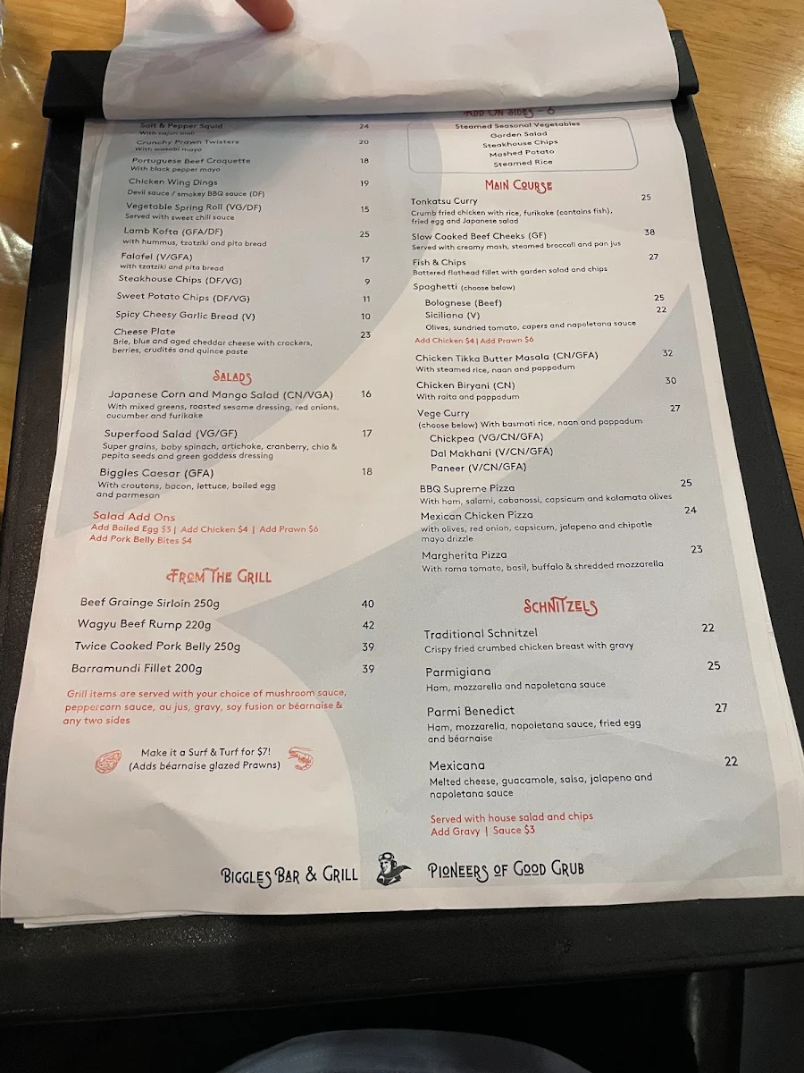 Menu, Biggles Bar & Grill