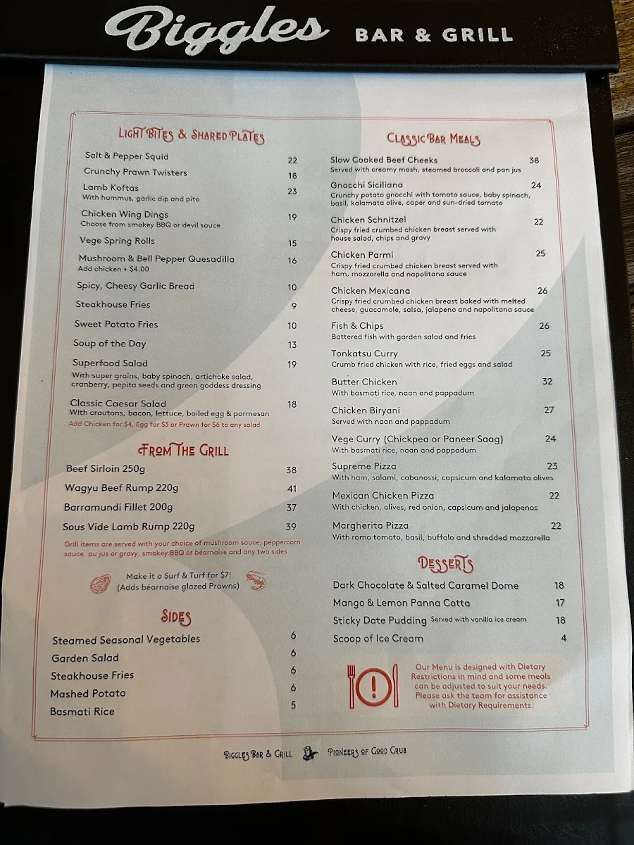 Menu, Biggles Bar & Grill