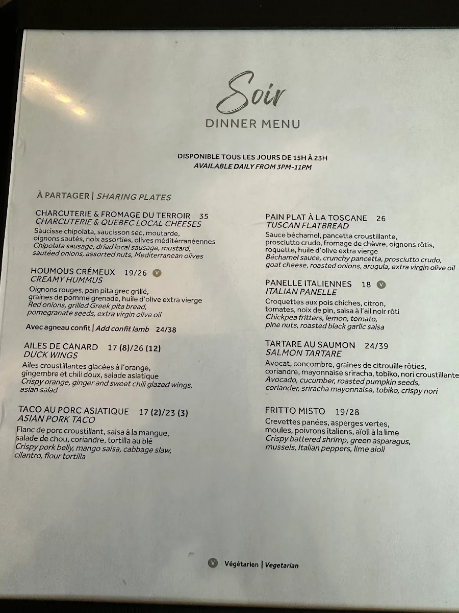 Menu, Bijou Resto Bar
