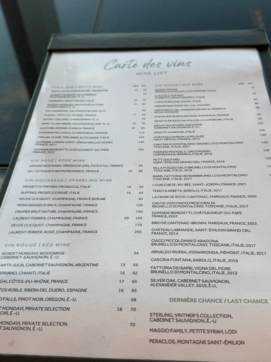 Menu, Bijou Resto Bar