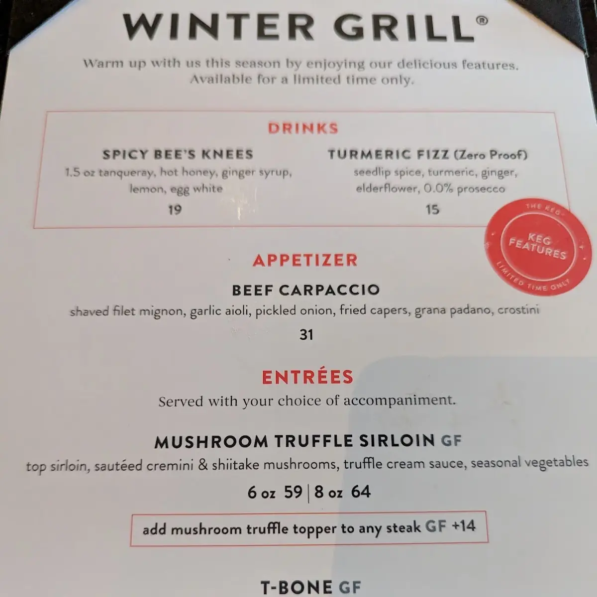 Menu, The Keg Steakhouse + Bar - Niagara Falls - Fallsview Blvd.