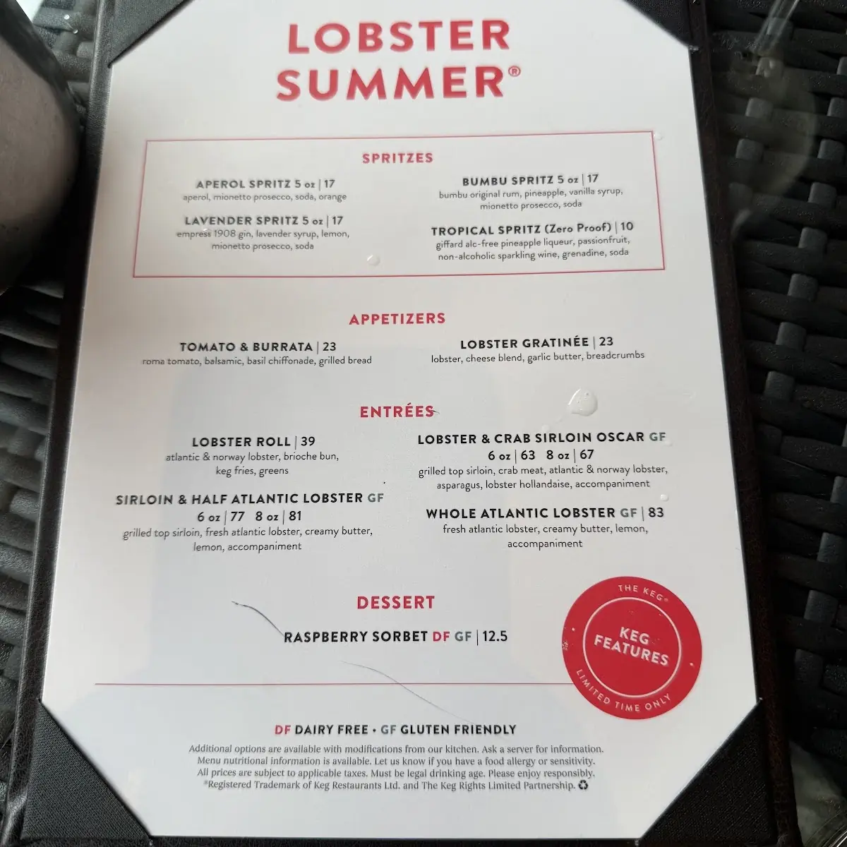 Menu, The Keg Steakhouse + Bar - Niagara Falls - Fallsview Blvd.