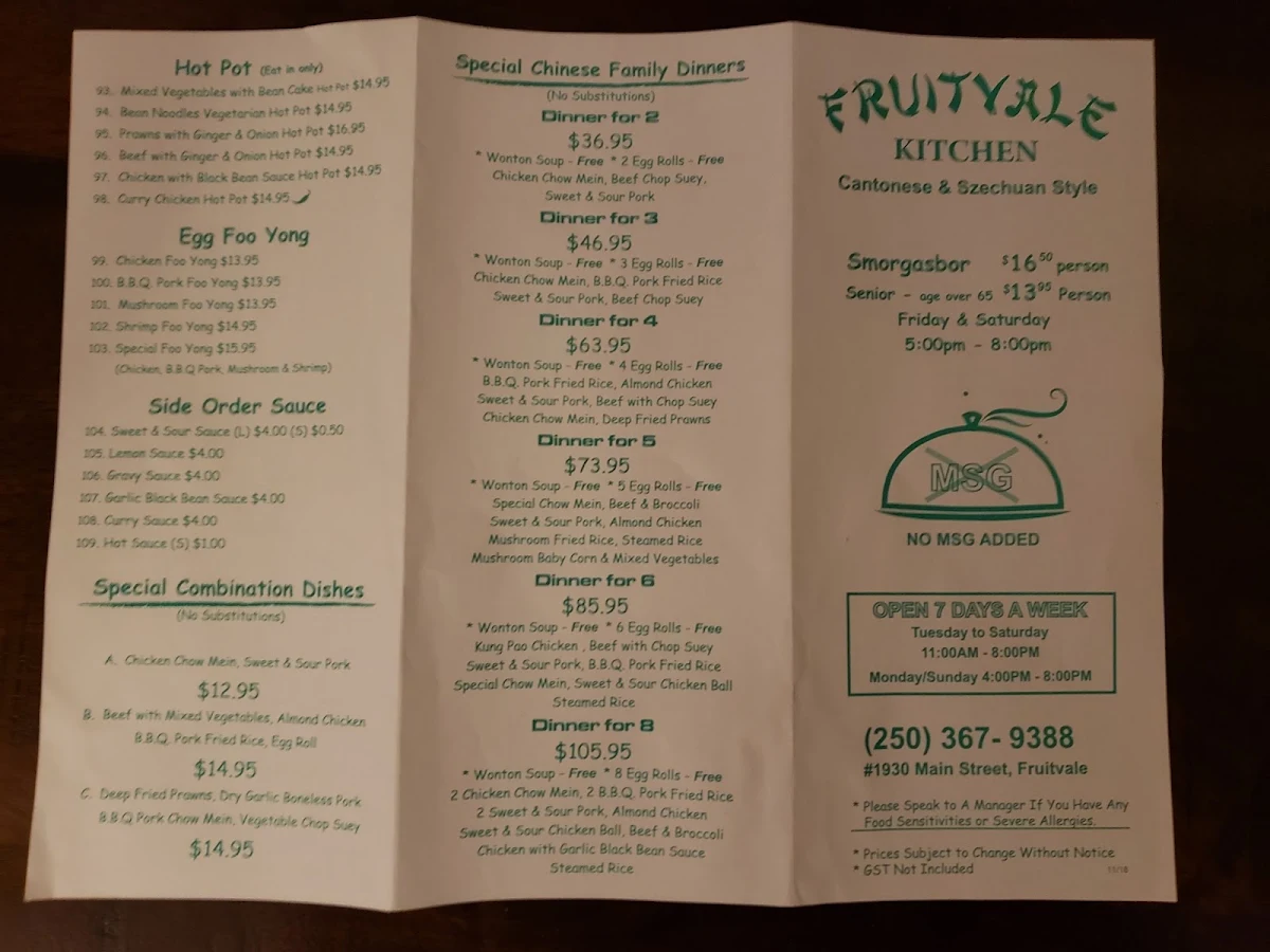 Menu, Fruitvale Kitchen