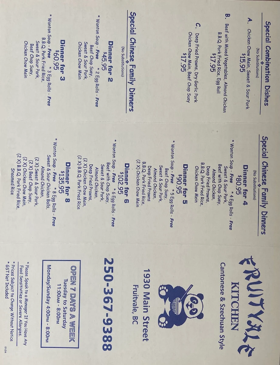 Menu, Fruitvale Kitchen