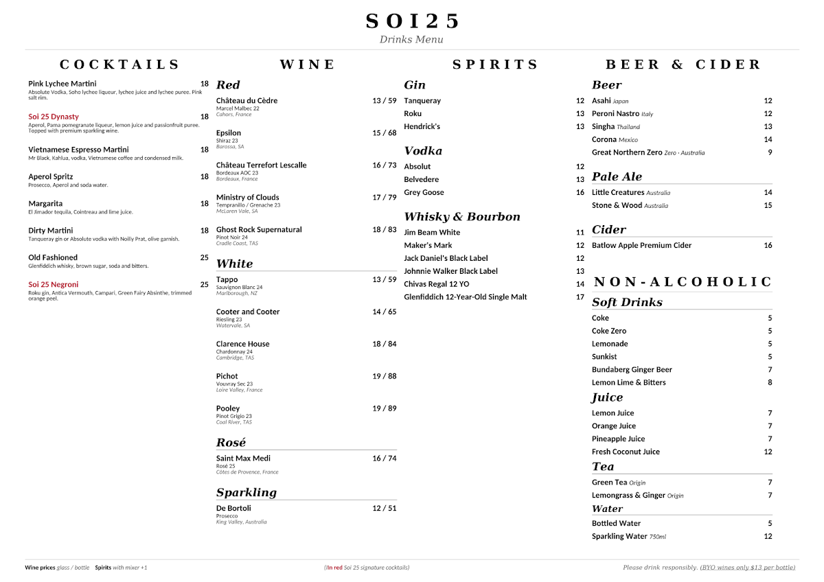 Menu, Soi 25 Thai Restaurant & Bar