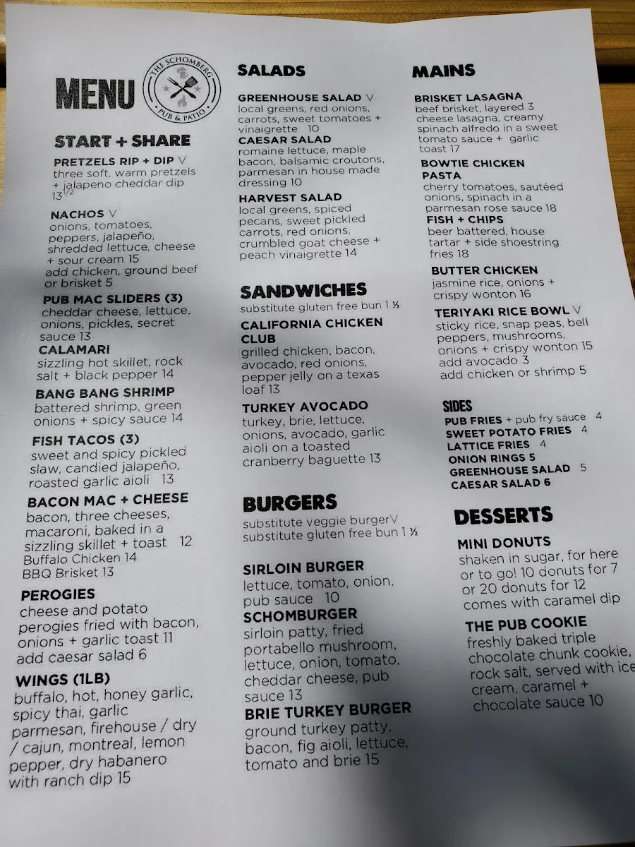 Menu, The Schomberg Pub & Patio