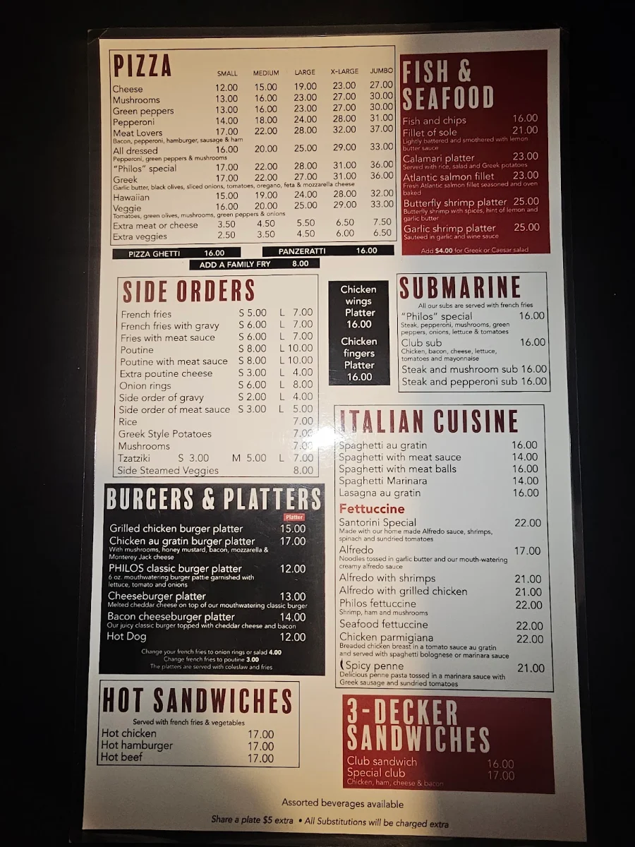 Menu, Philos Greek Cuisine and Pizzeria