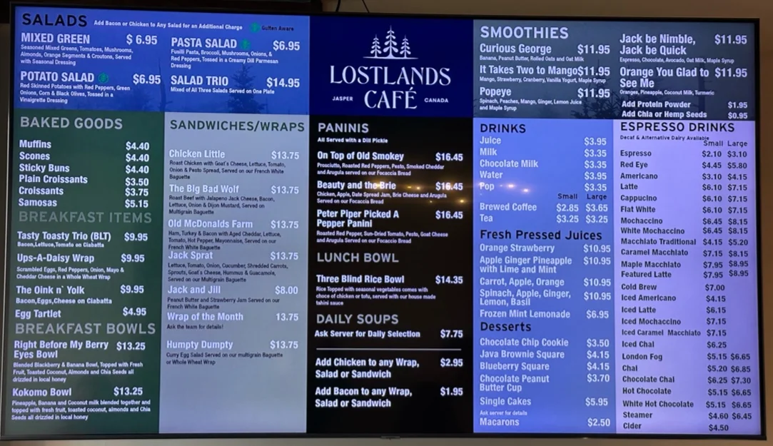 Menu, Lostlands Cafe