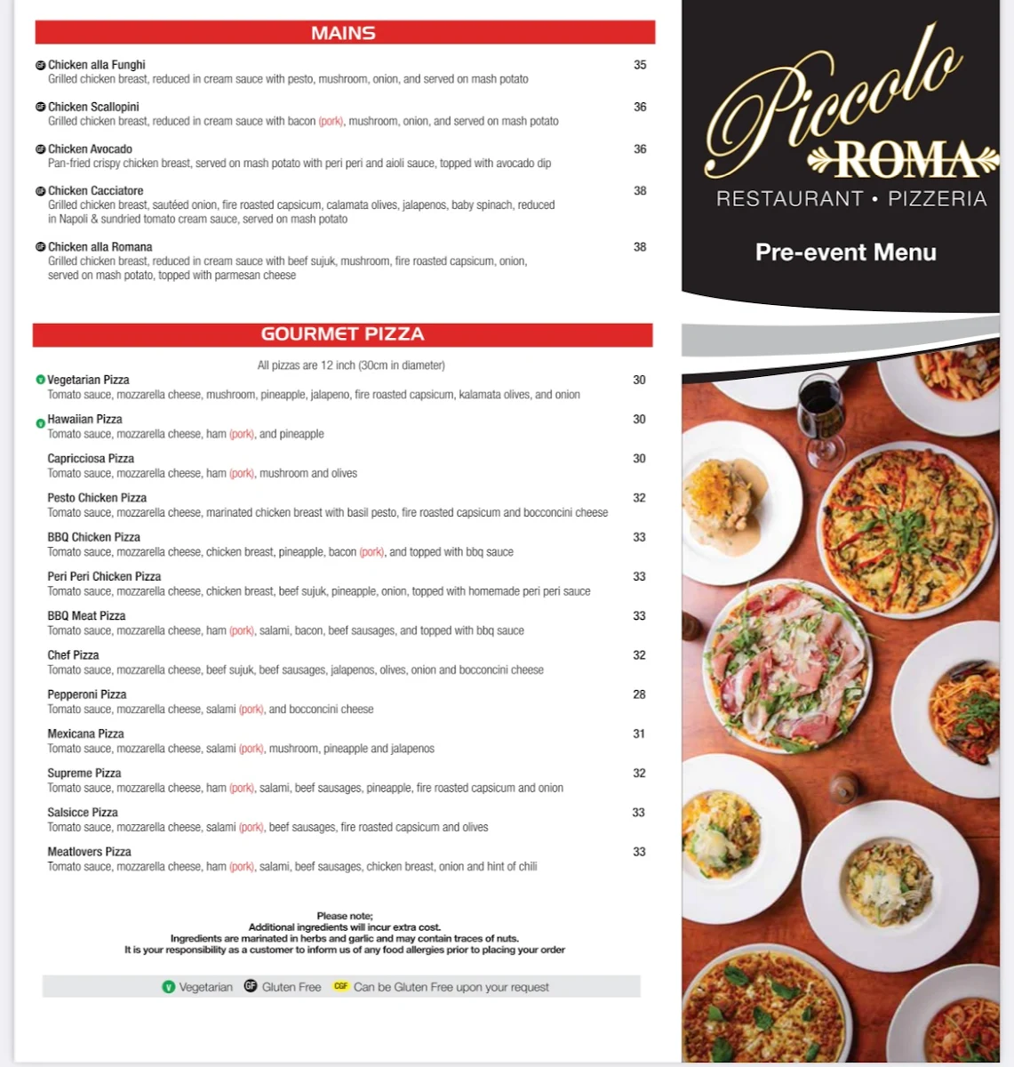 Menu, Piccolo Roma Olympic Park