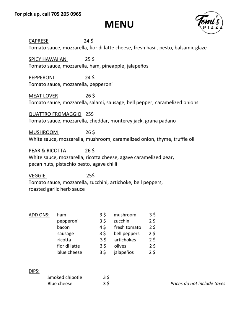 Menu, Tomi’s pizza