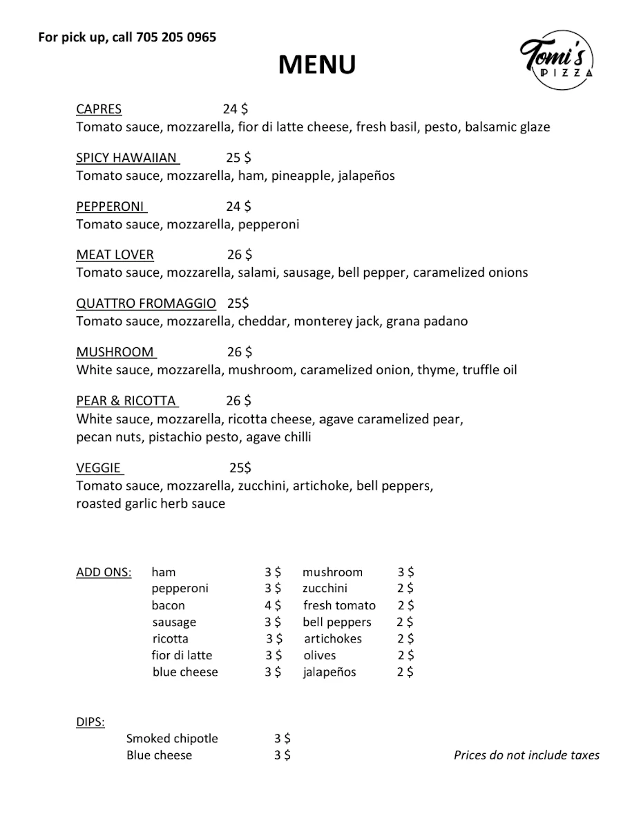 Menu, Tomi’s pizza