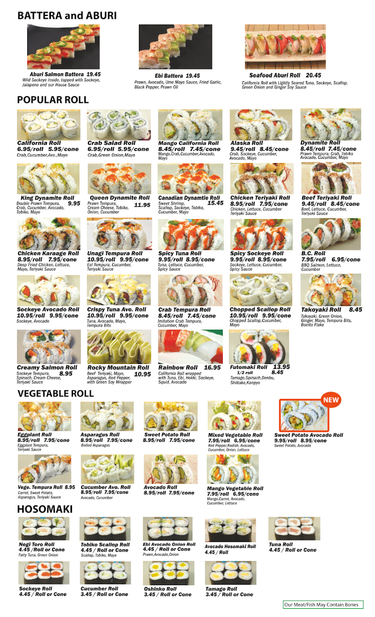 Menu, Takeya Sushi