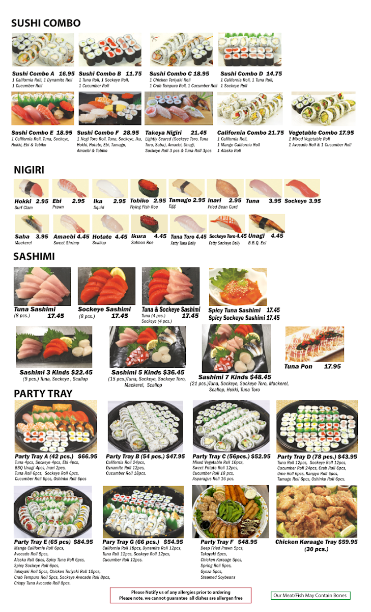 Menu, Takeya Sushi