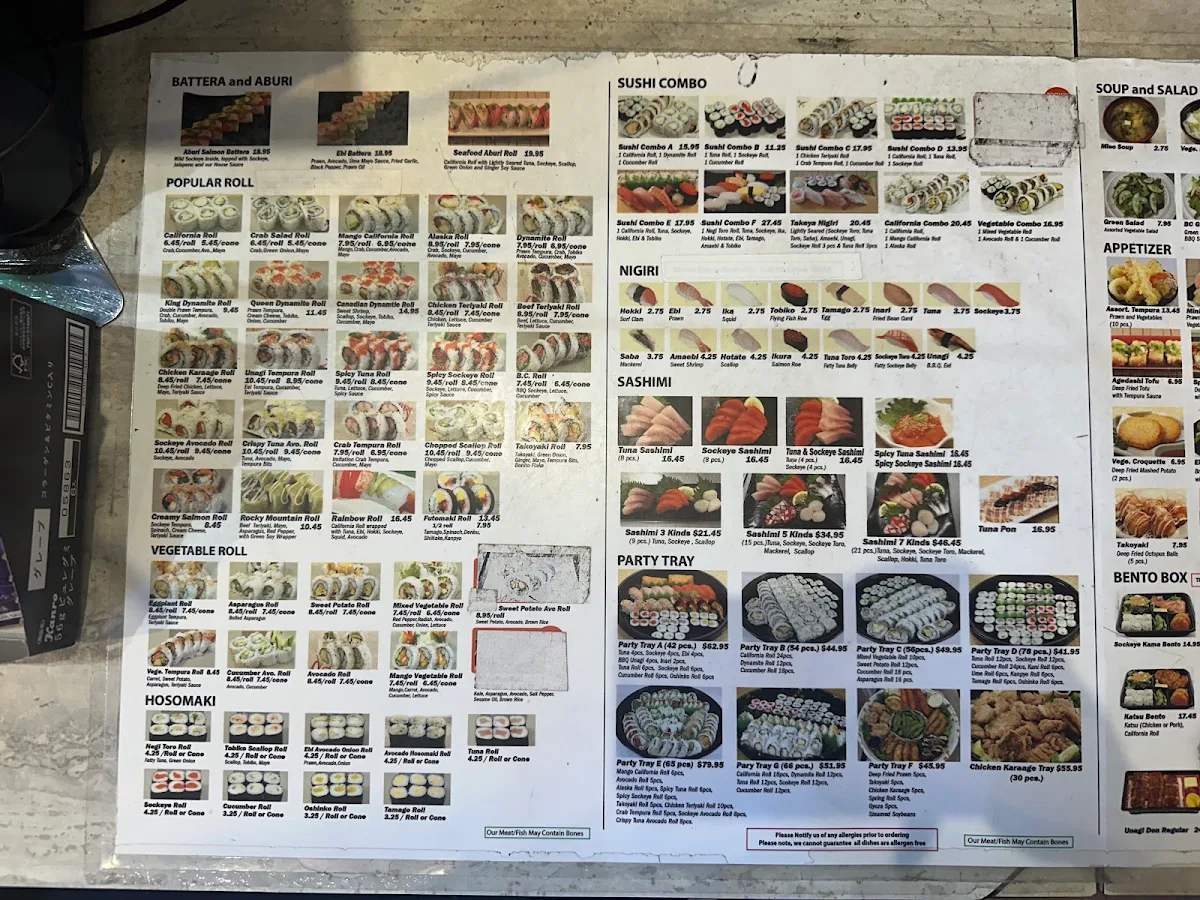 Menu, Takeya Sushi
