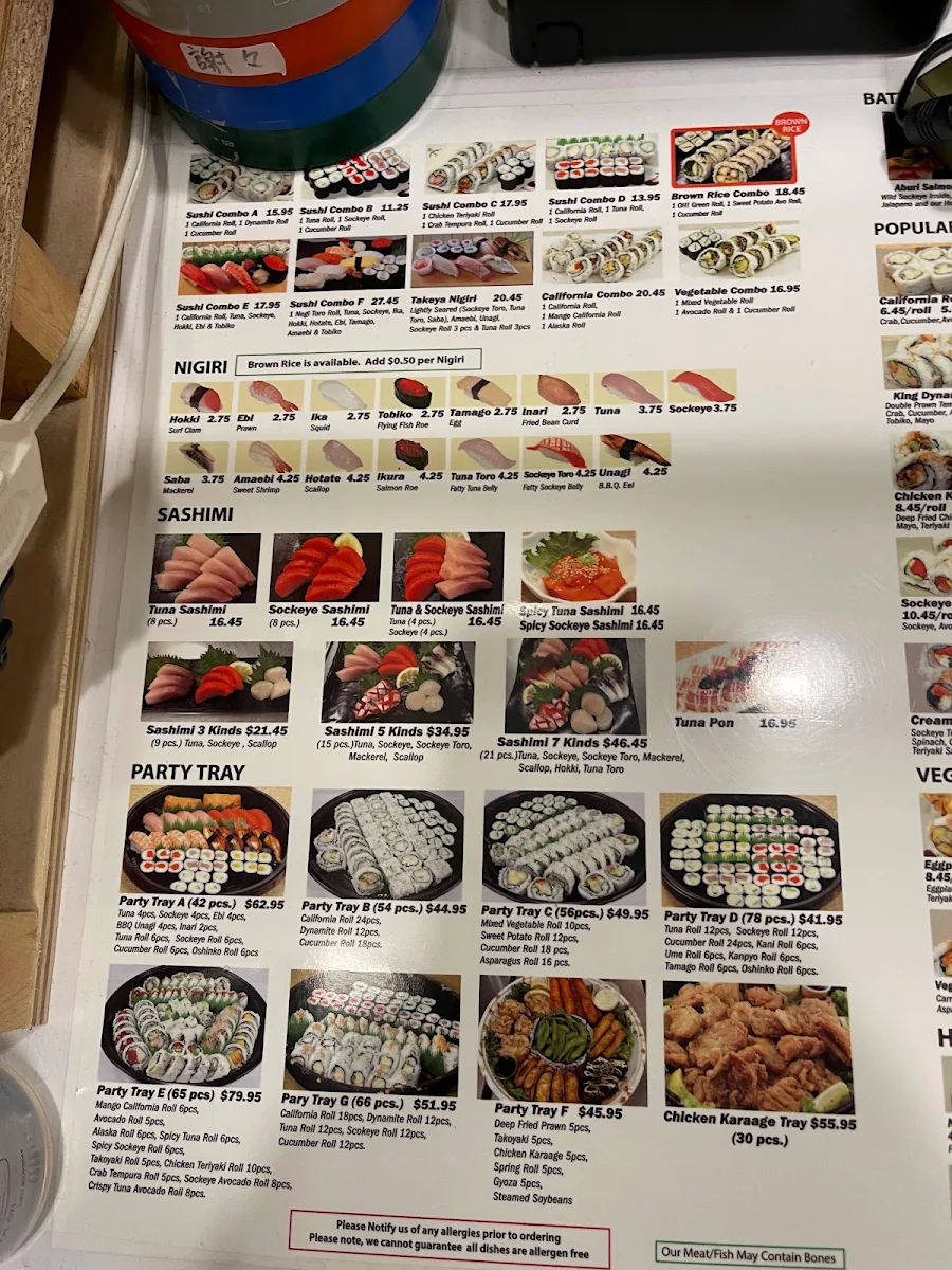 Menu, Takeya Sushi
