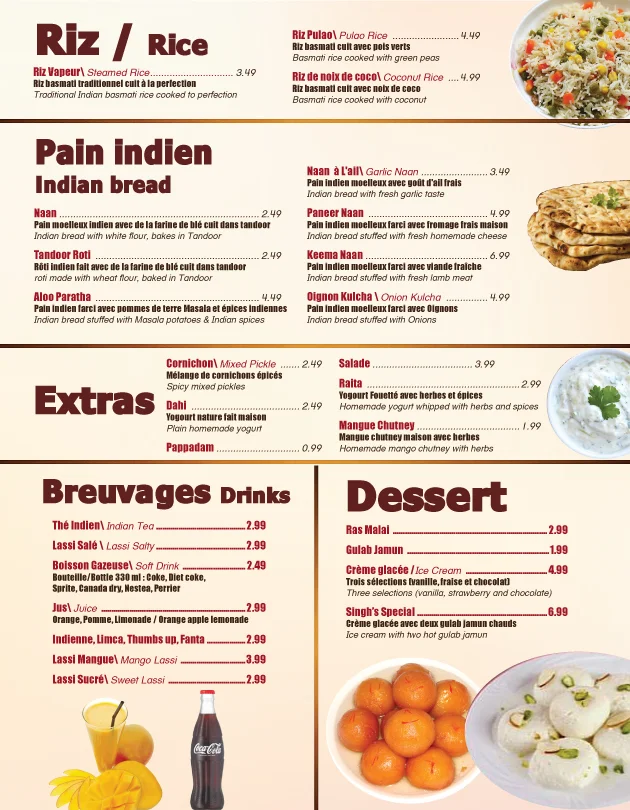 Menu, Restaurant Singh's