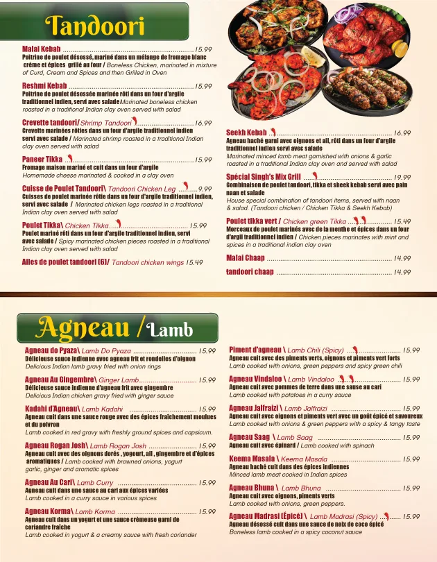 Menu, Restaurant Singh's