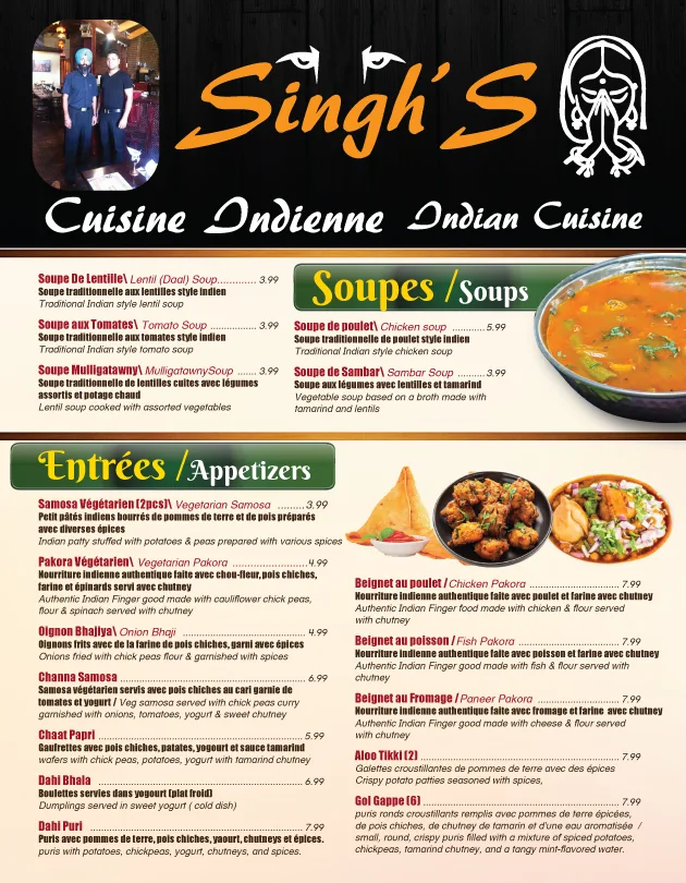Menu, Restaurant Singh's
