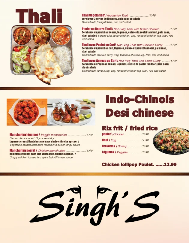 Menu, Restaurant Singh's