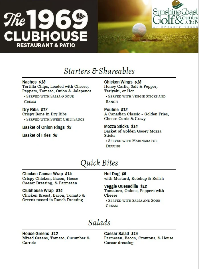 Menu, The 1969 Clubhouse, Restaurant, & Patio