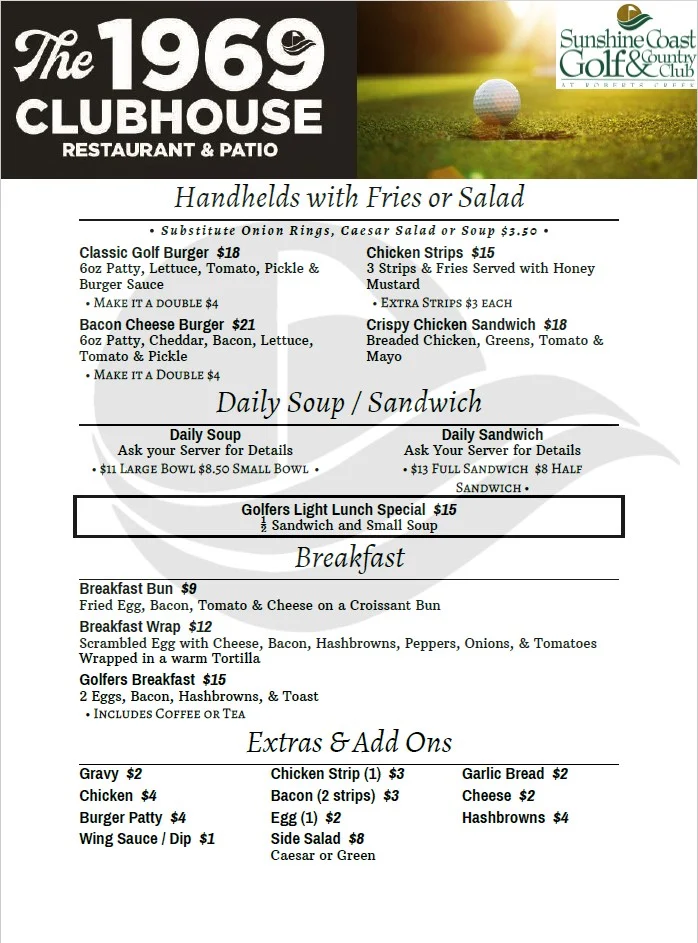 Menu, The 1969 Clubhouse, Restaurant, & Patio