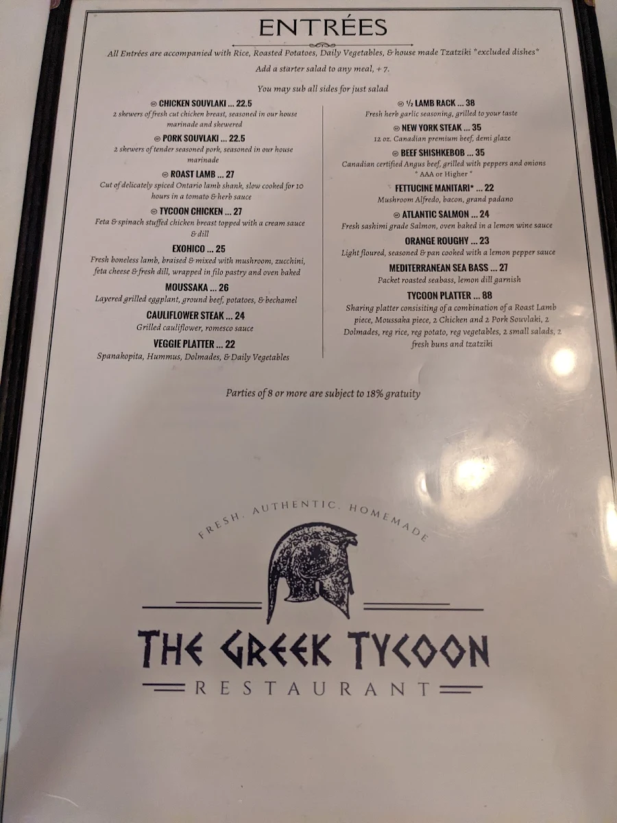 Menu, Greek Tycoon Restaurant