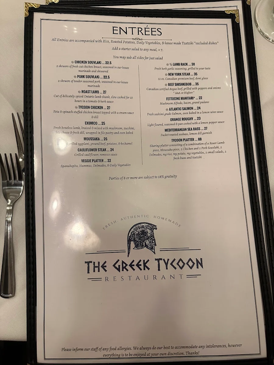 Menu, Greek Tycoon Restaurant