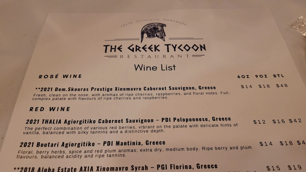 Menu, Greek Tycoon Restaurant