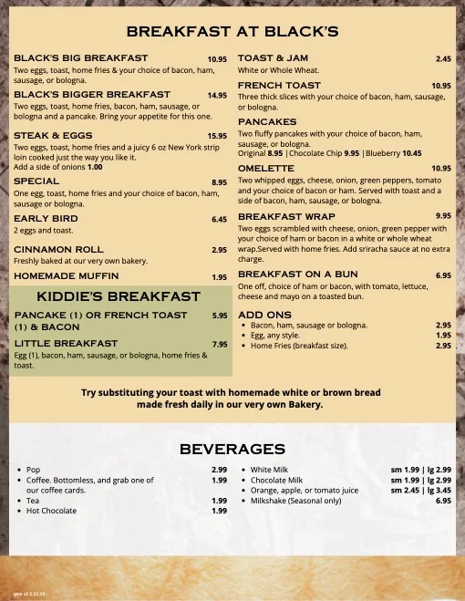 Menu, Black's Grocery and Café