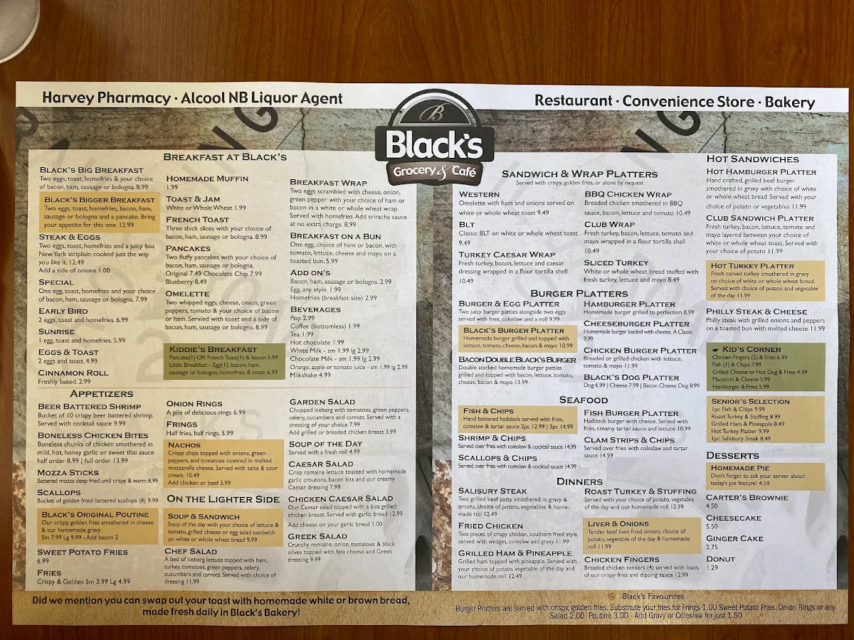 Menu, Black's Grocery and Café