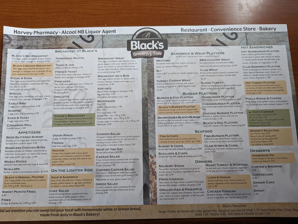 Menu, Black's Grocery and Café