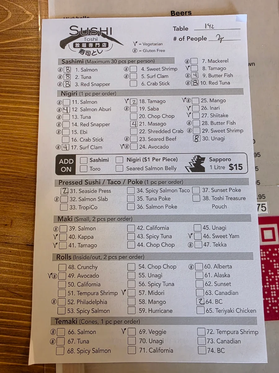 Menu, Sushi Toshi