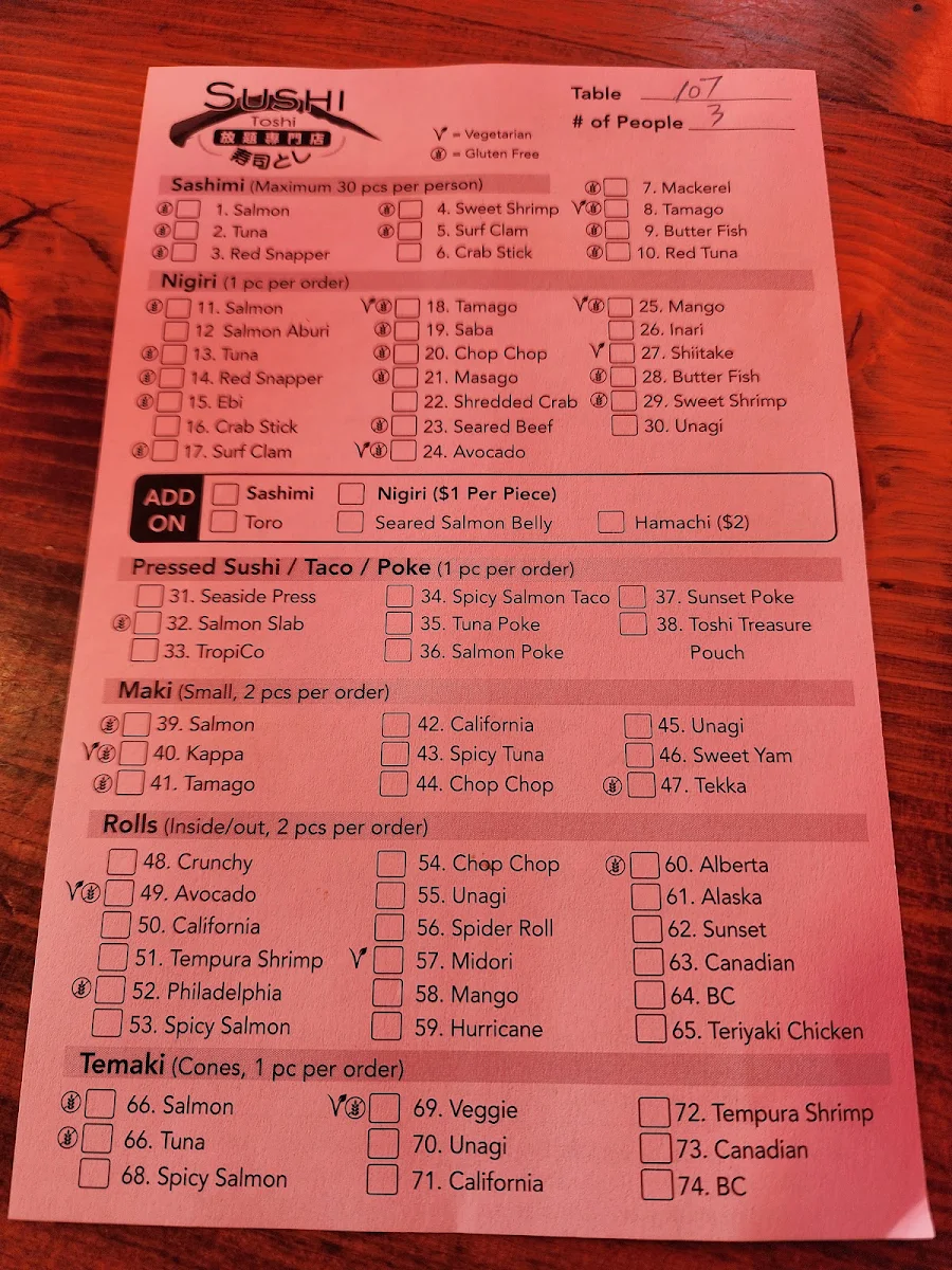 Menu, Sushi Toshi