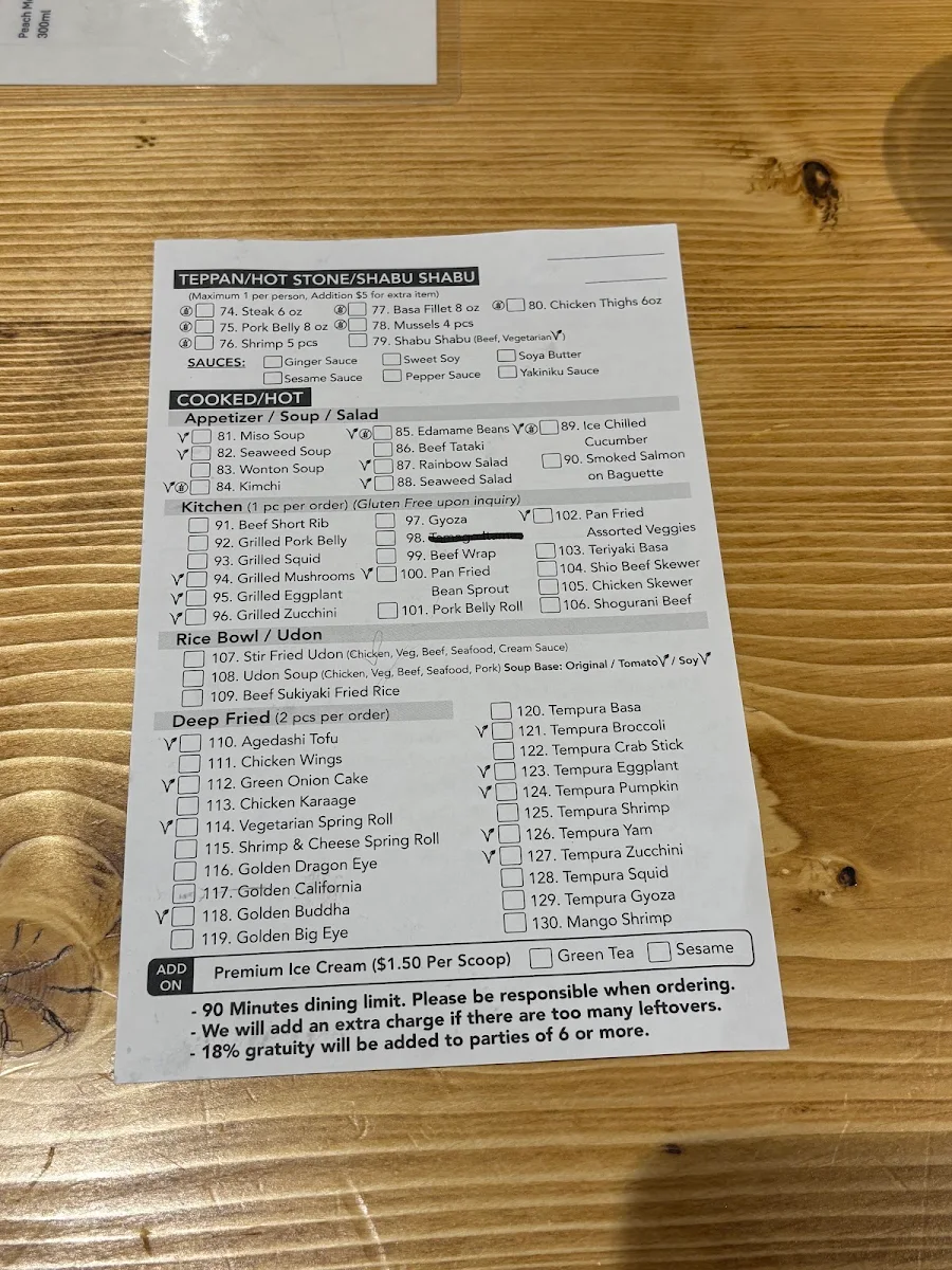 Menu, Sushi Toshi