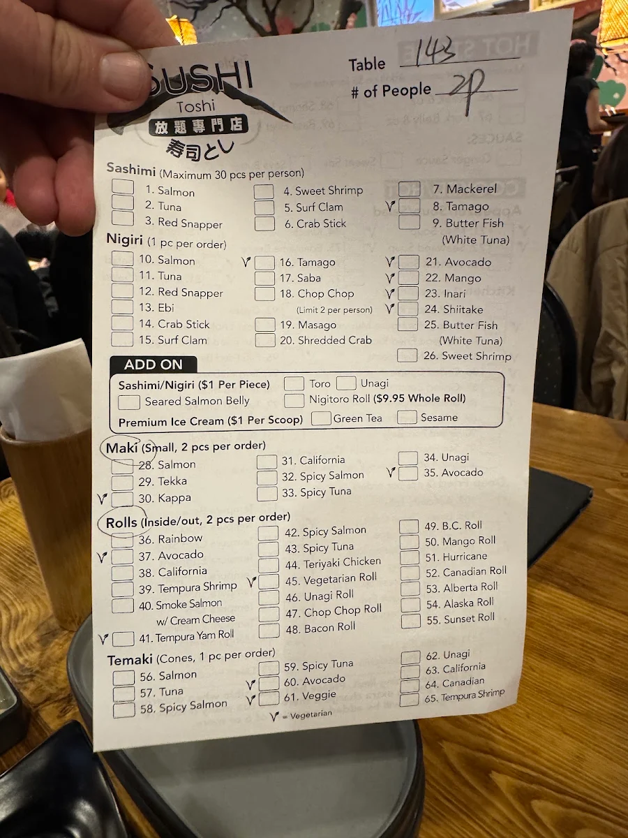 Menu, Sushi Toshi