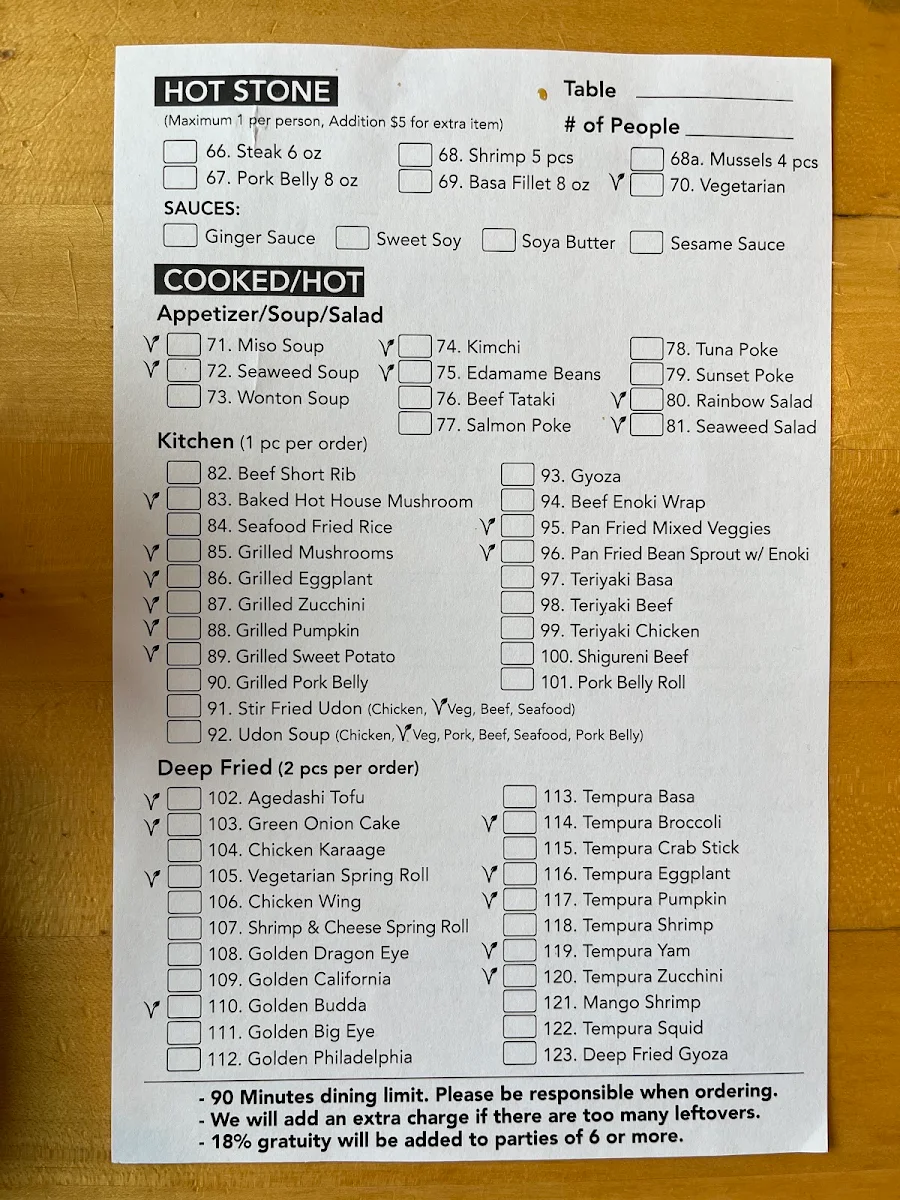 Menu, Sushi Toshi