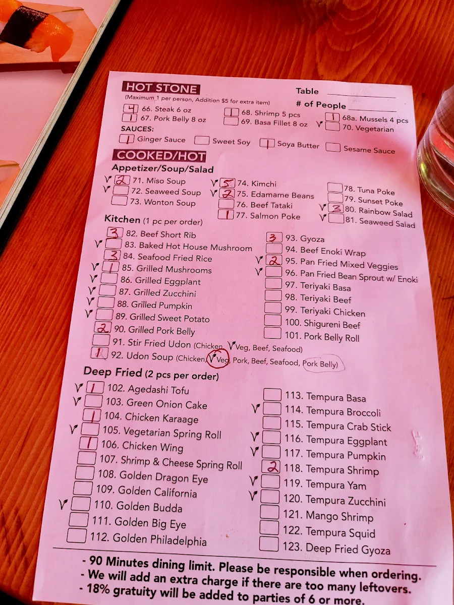 Menu, Sushi Toshi
