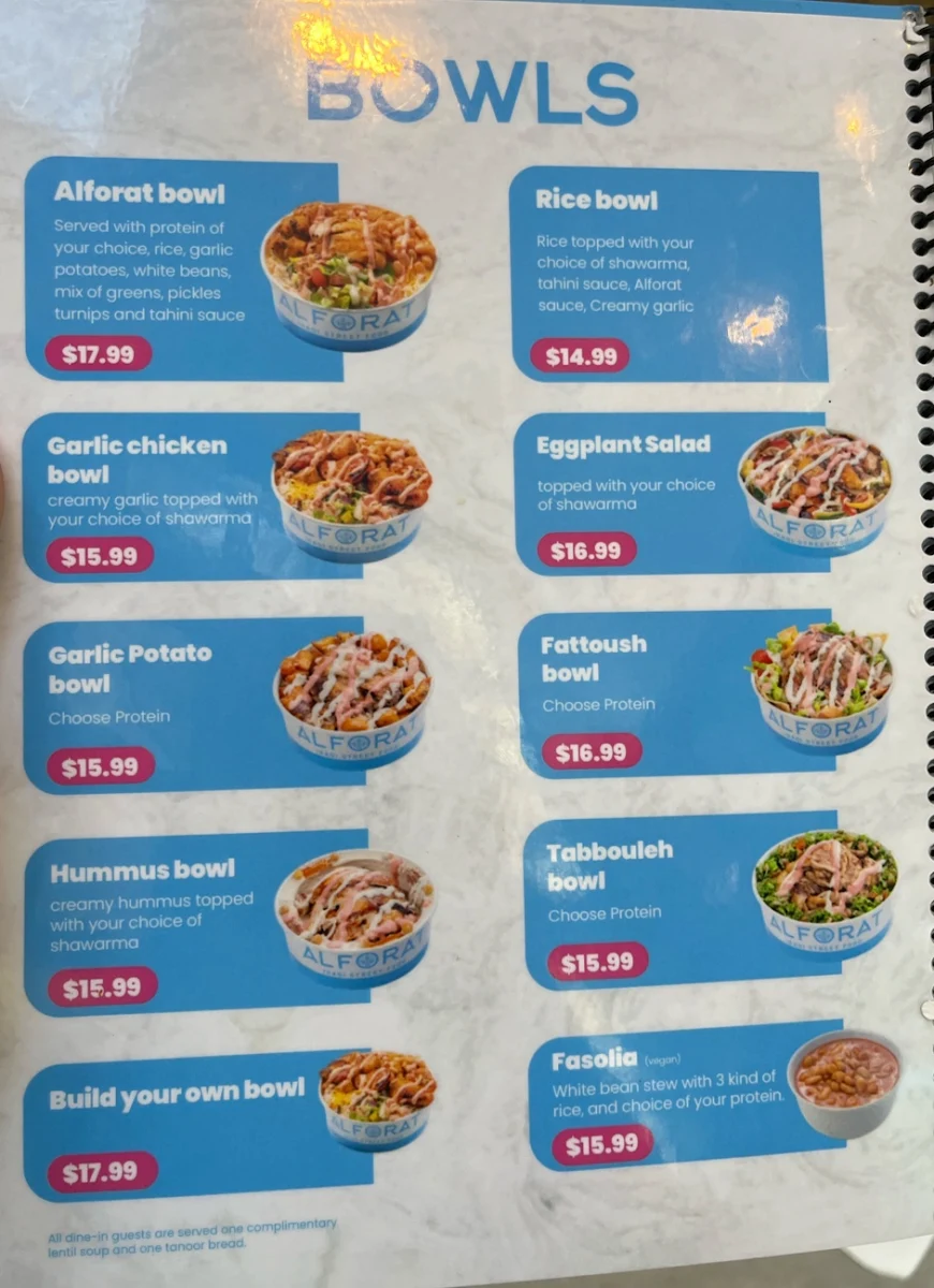 Menu, Alforat Iraqi Street Food (Toronto)