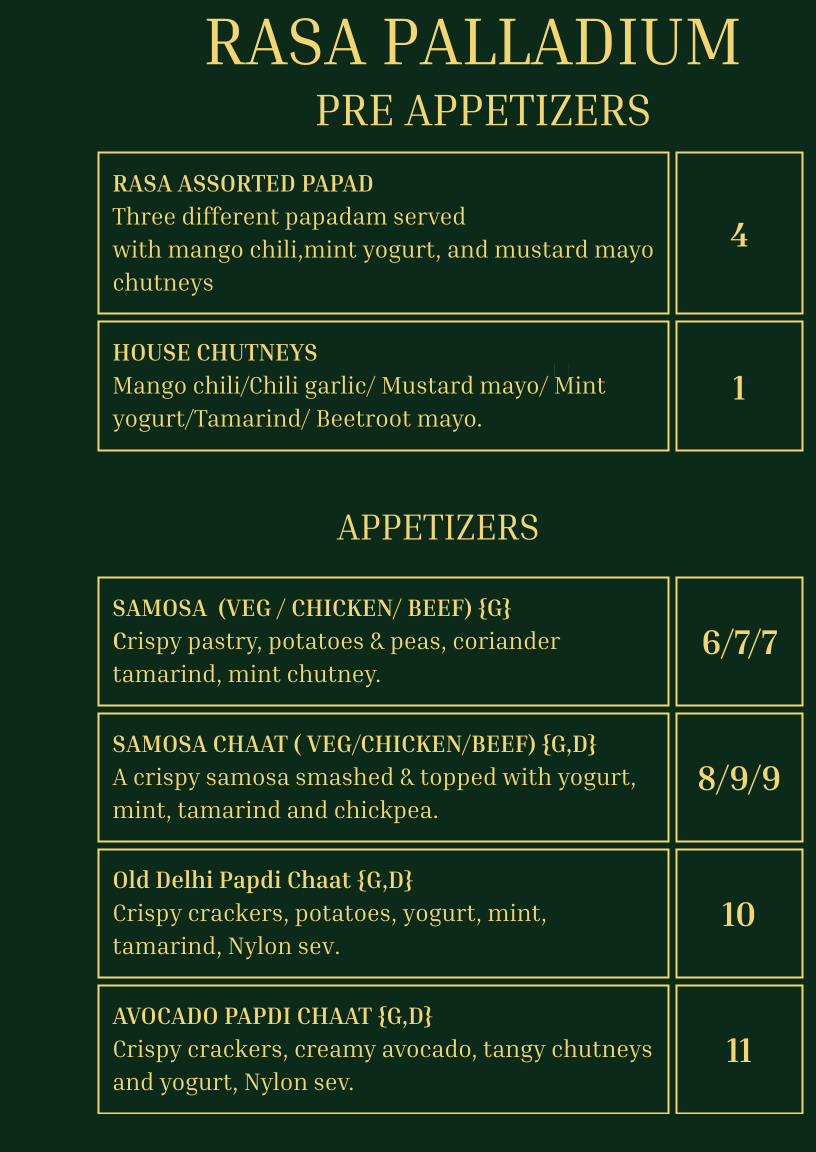 Menu, Rasa Palladium (Indian & Western) Bar & Restaurant