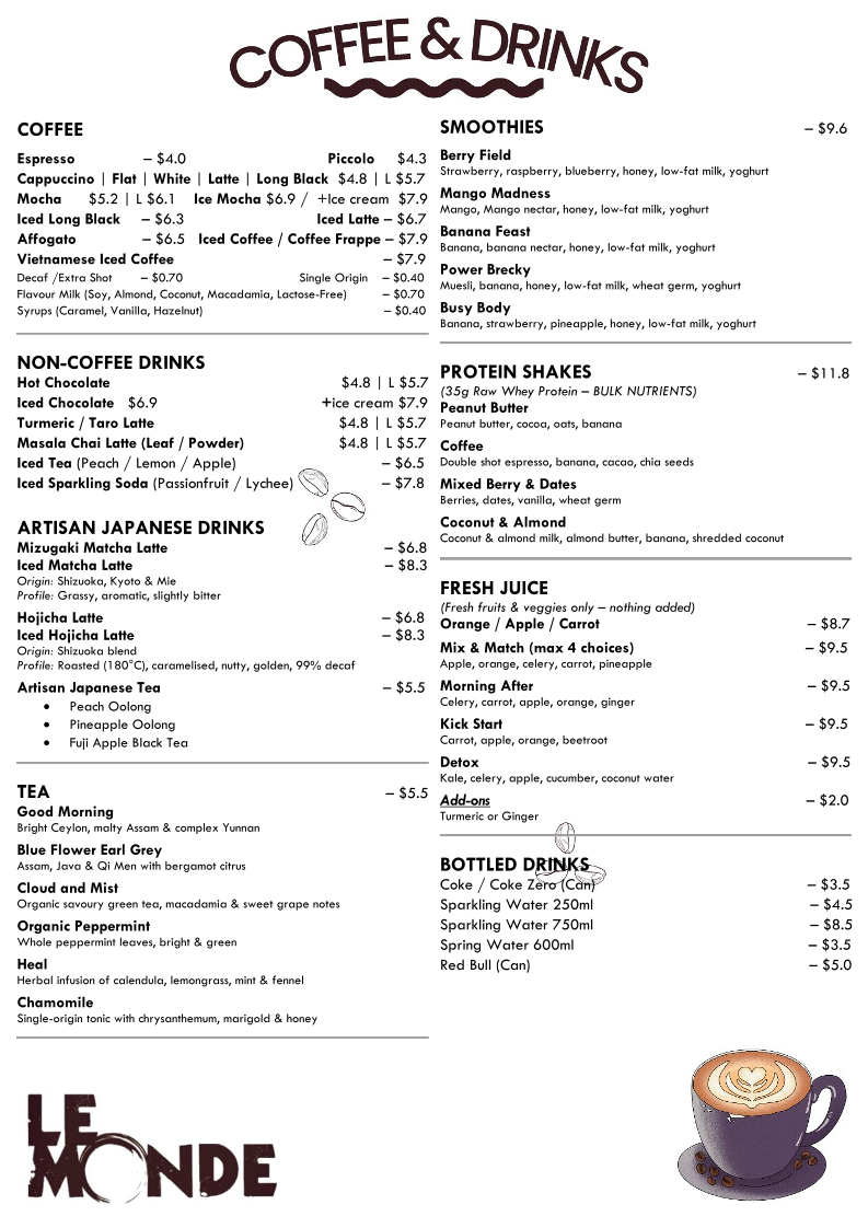 Menu, Le Monde Cafe