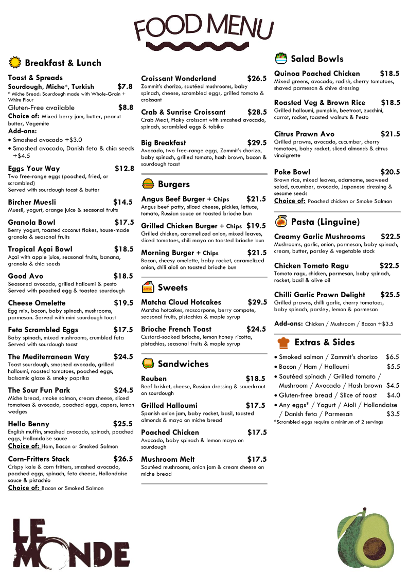 Menu, Le Monde Cafe