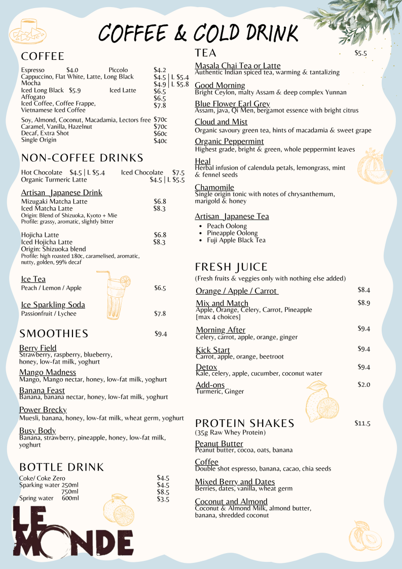 Menu, Le Monde Cafe