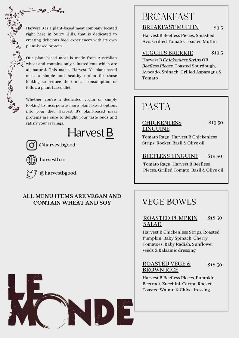 Menu, Le Monde Cafe
